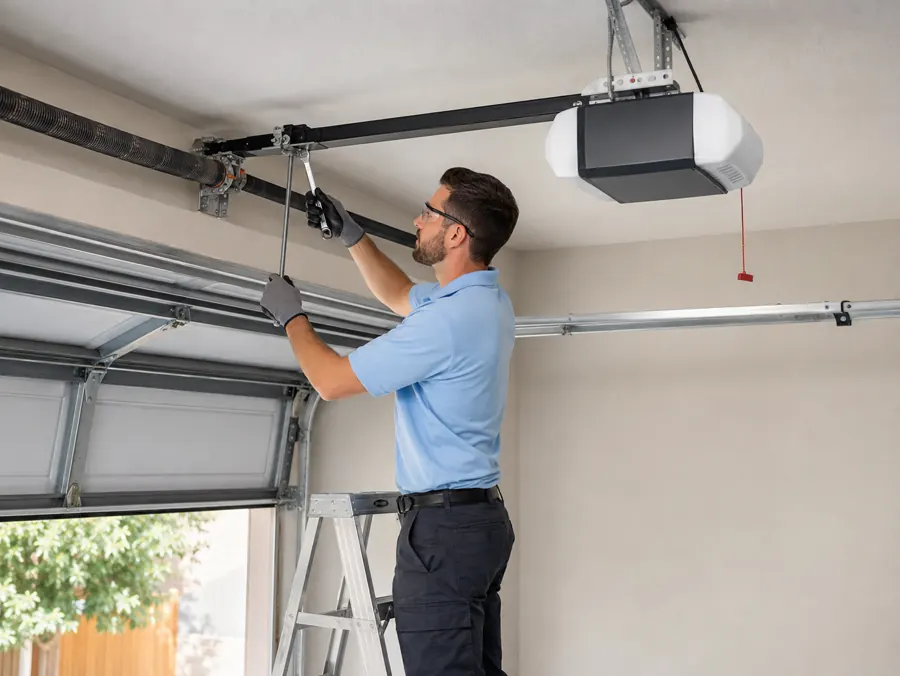 Technician performing Garage Door Georgetown TX spring and opener service